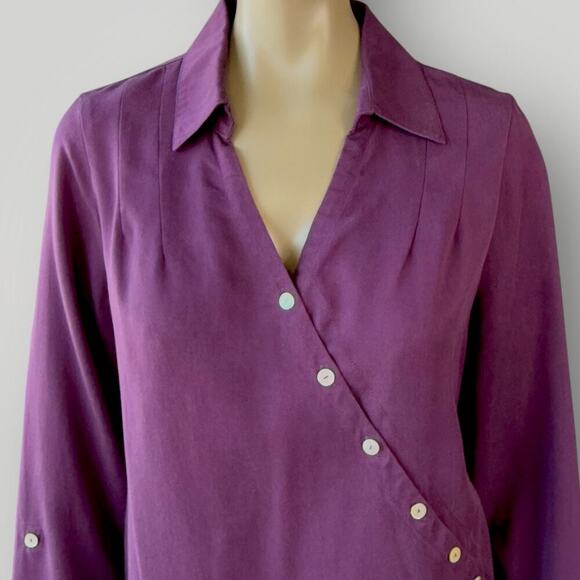 Soft Surroundings Asymmetrical Button Tunic Tops Roll Tab Sleeves Size PL Purple - Picture 5 of 16